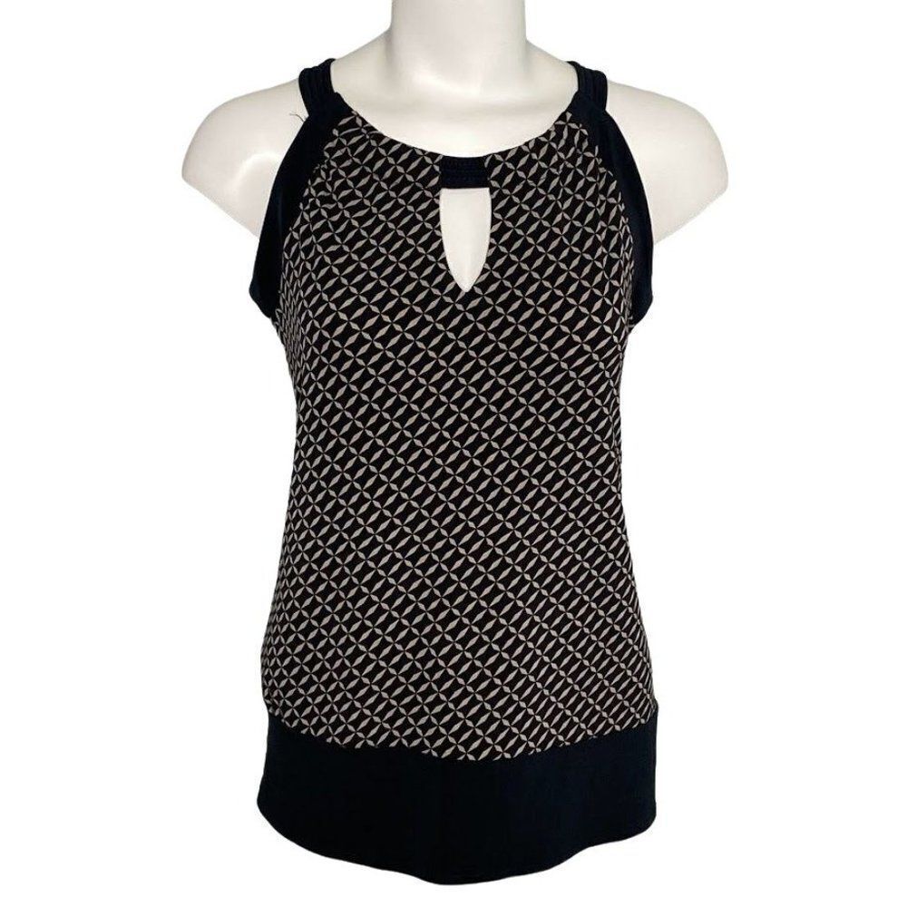 Banana Republic Black Taupe Round Neck Keyhole Stretch‎ Knit Top sz Small